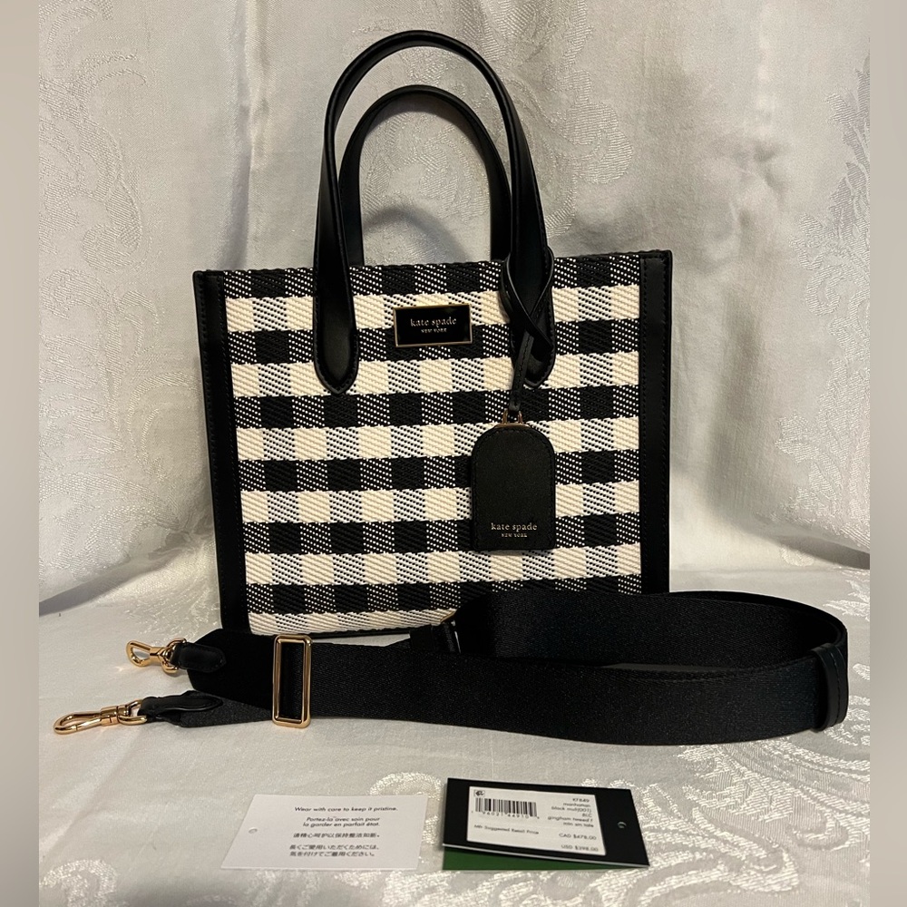 Kate Spade manhattan black multi gingham tweed Sam tote with gold hardware